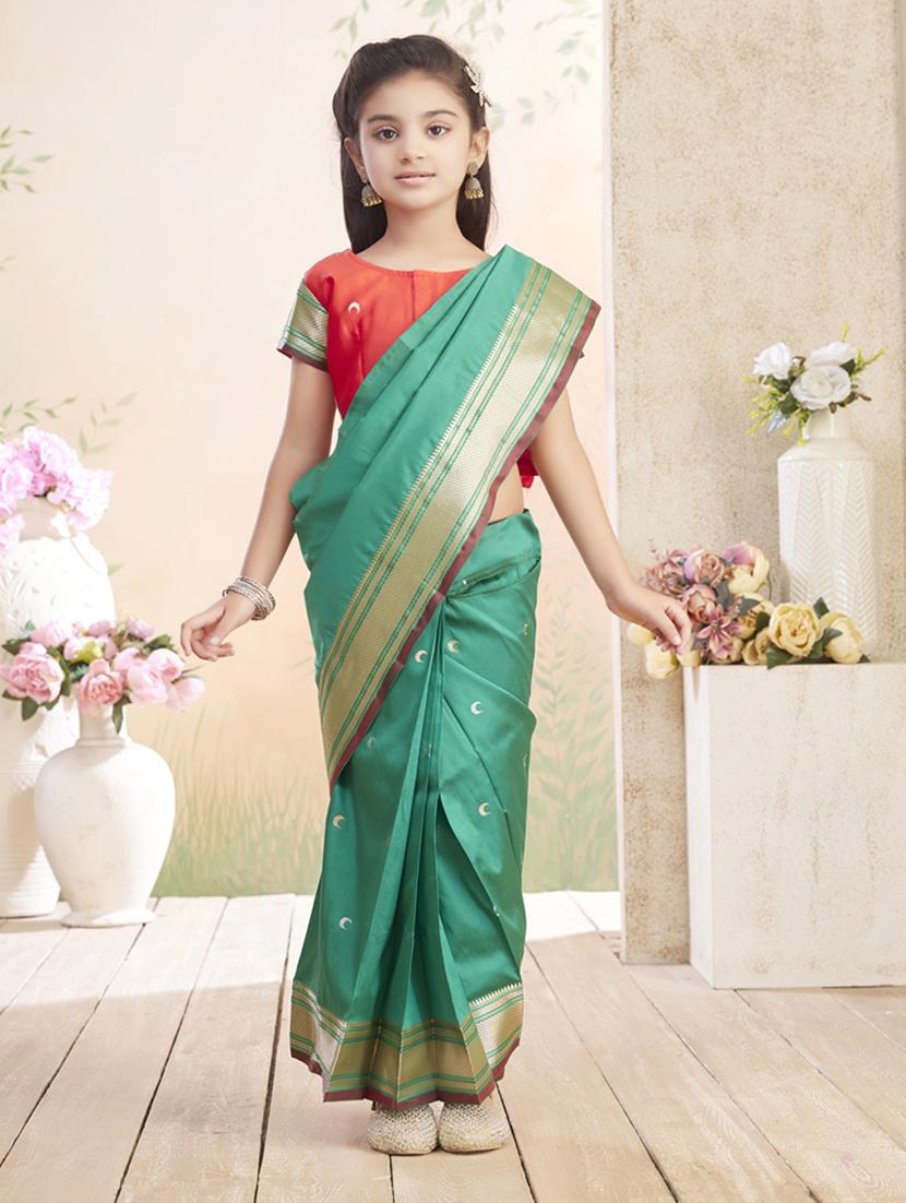 girls solid bordered ready to wear saree - 22026391 - Zoom Image - 0