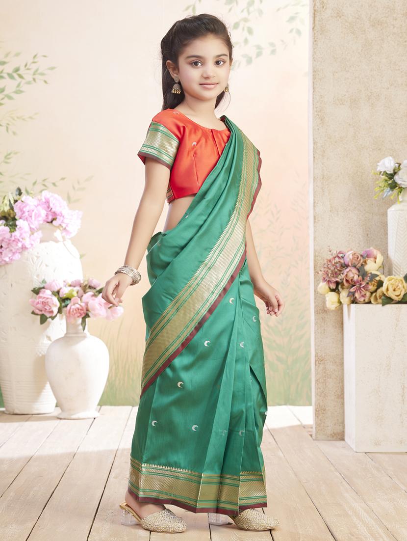 girls solid bordered ready to wear saree - 22026391 - Standard Image - 1