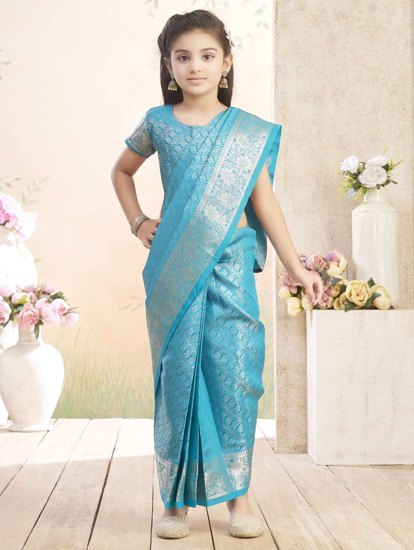 girls solid bordered ready to wear saree - 22026392 -  Standard Image - 1