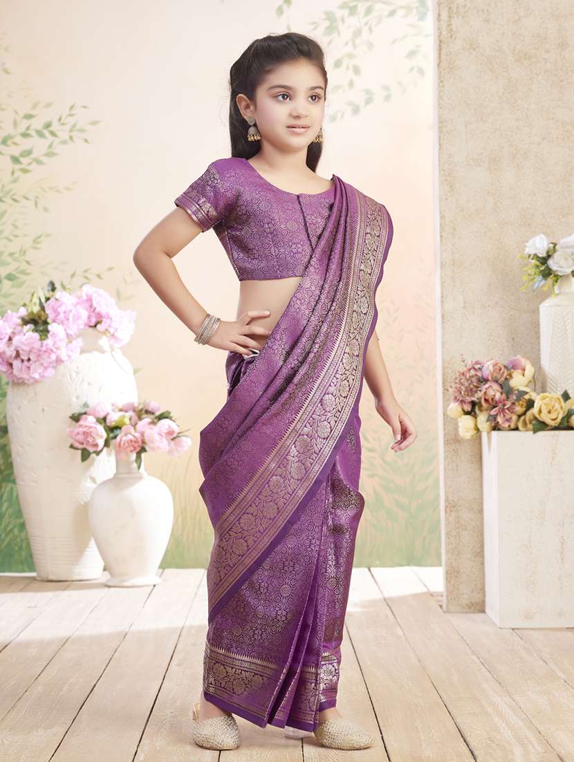 girls solid bordered ready to wear saree - 22026393 -  Standard Image - 1