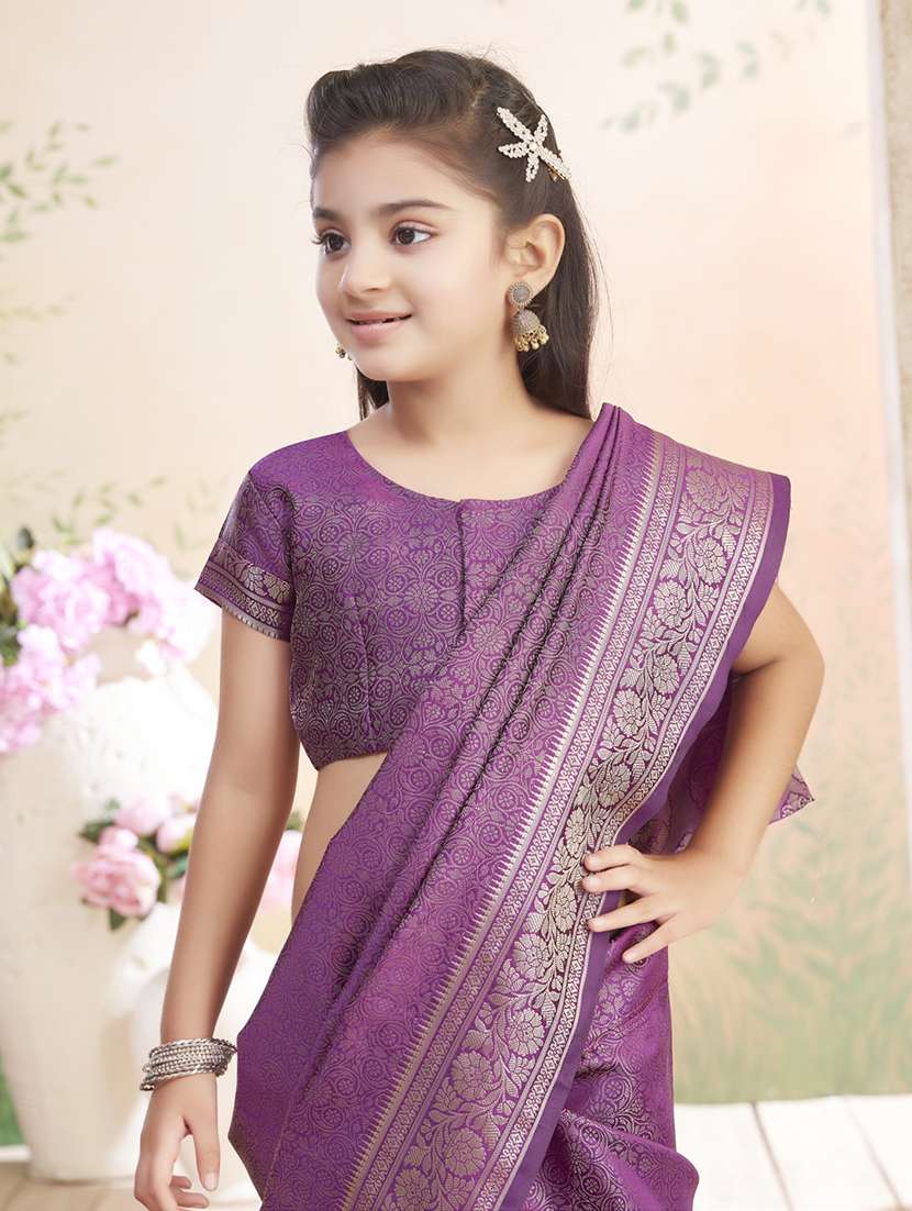 girls solid bordered ready to wear saree - 22026393 -  Standard Image - 4