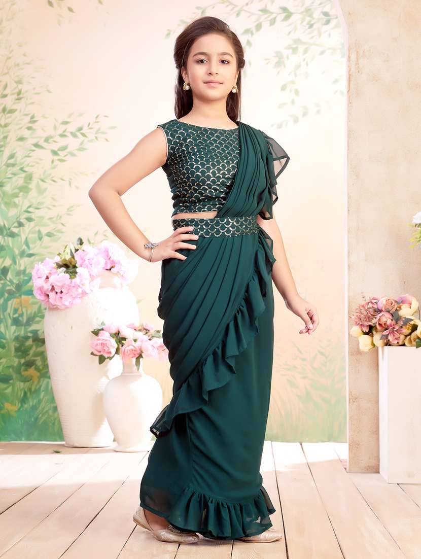 girls solid ruffled ready to wear fusion drape - 22026405 -  Standard Image - 1