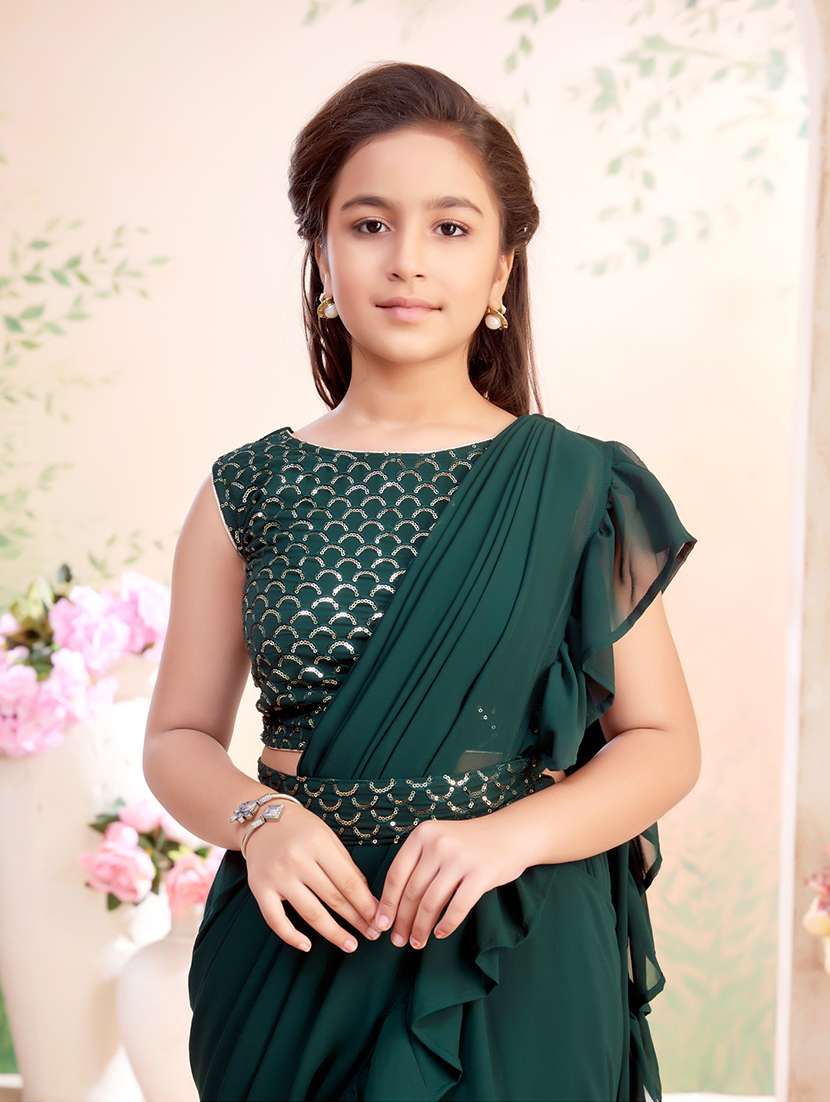 girls solid ruffled ready to wear fusion drape - 22026405 -  Standard Image - 4