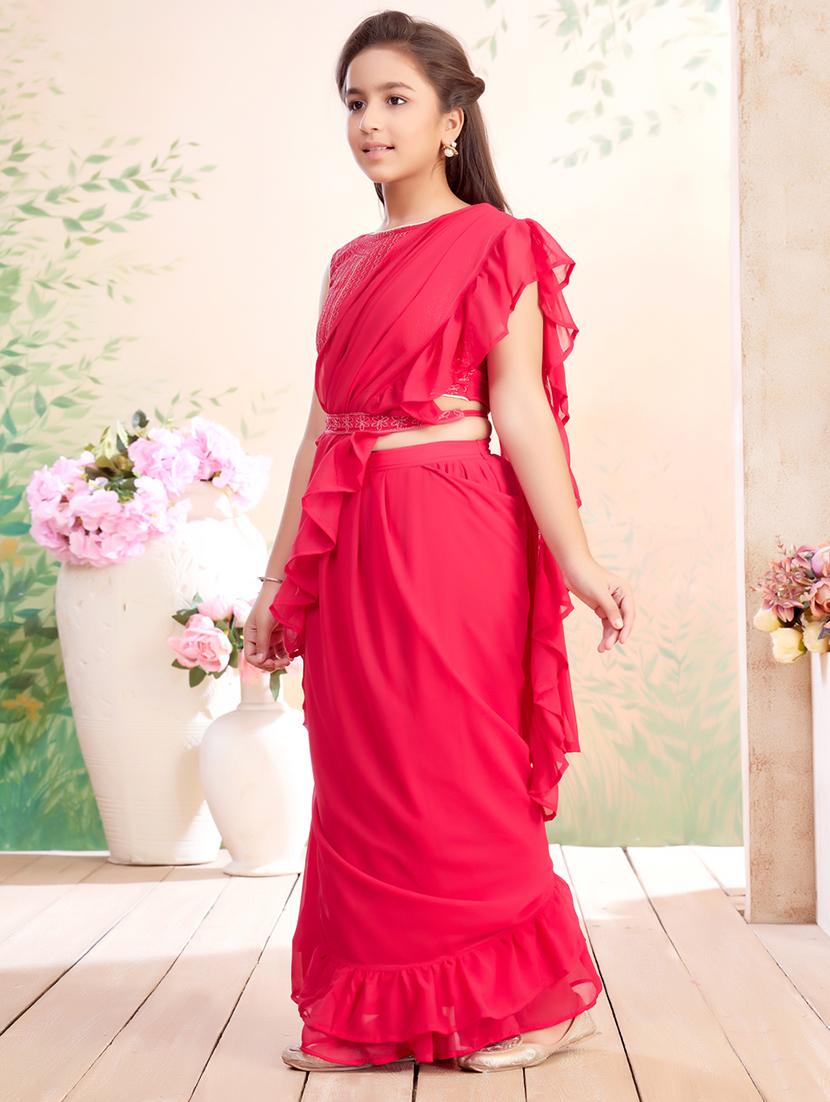 girls solid ruffled ready to wear saree - 22026409 - Standard Image - 1