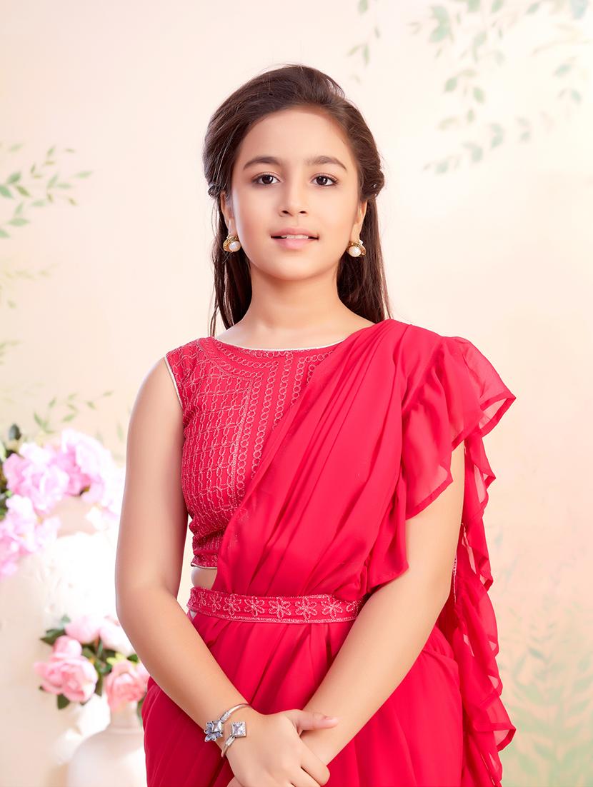 girls solid ruffled ready to wear saree - 22026409 - Standard Image - 4