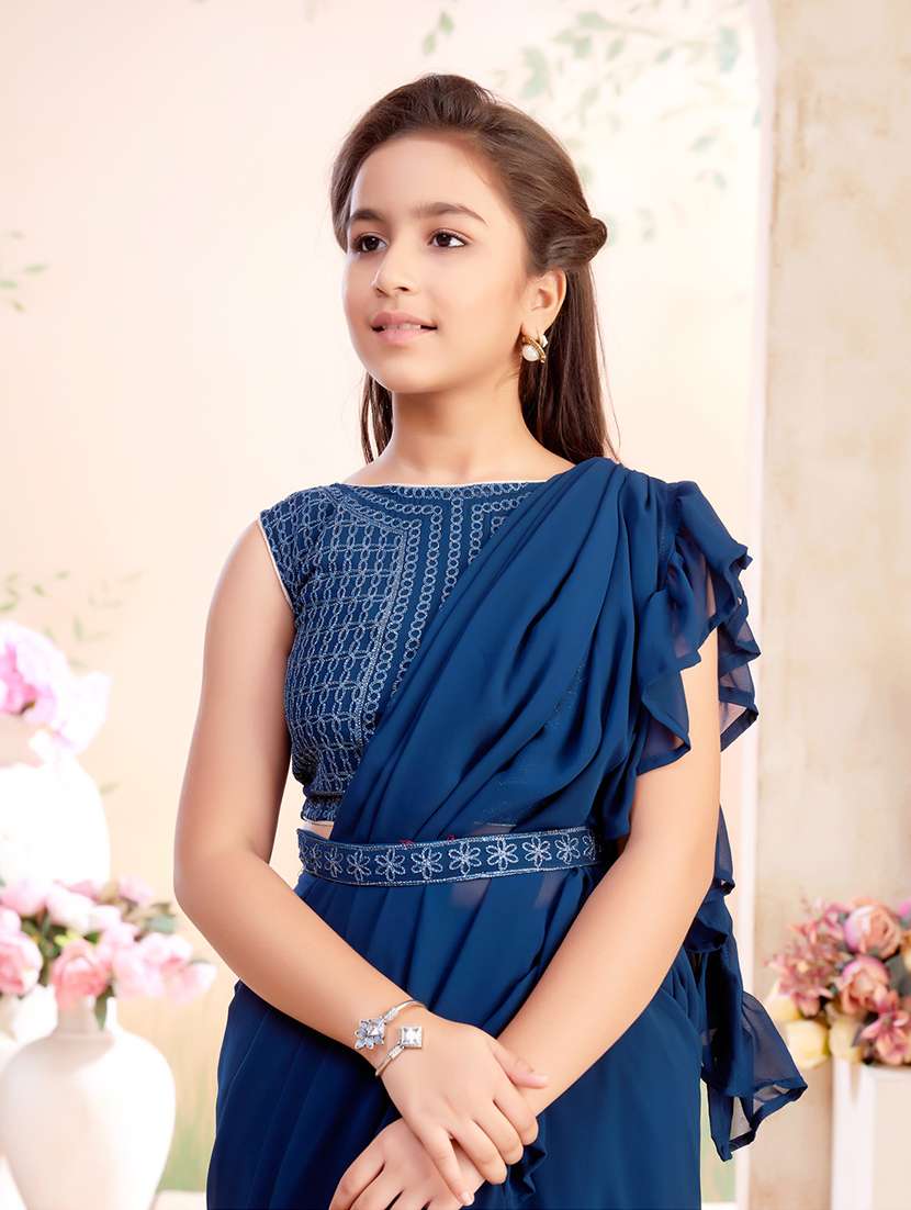 girls solid ruffled ready to wear fusion drape - 22026410 - Standard Image - 1