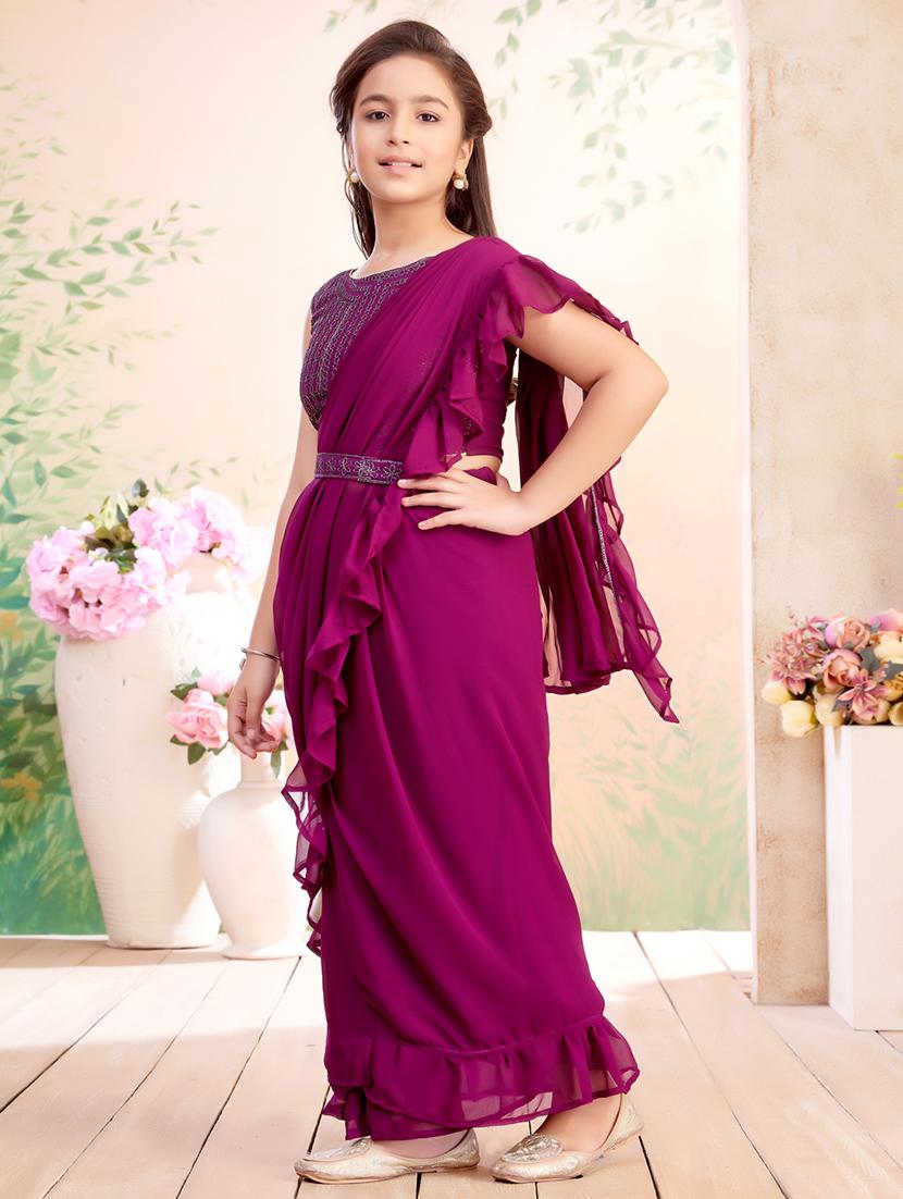 girls solid ruffled ready to wear saree - 22026411 - Standard Image - 1