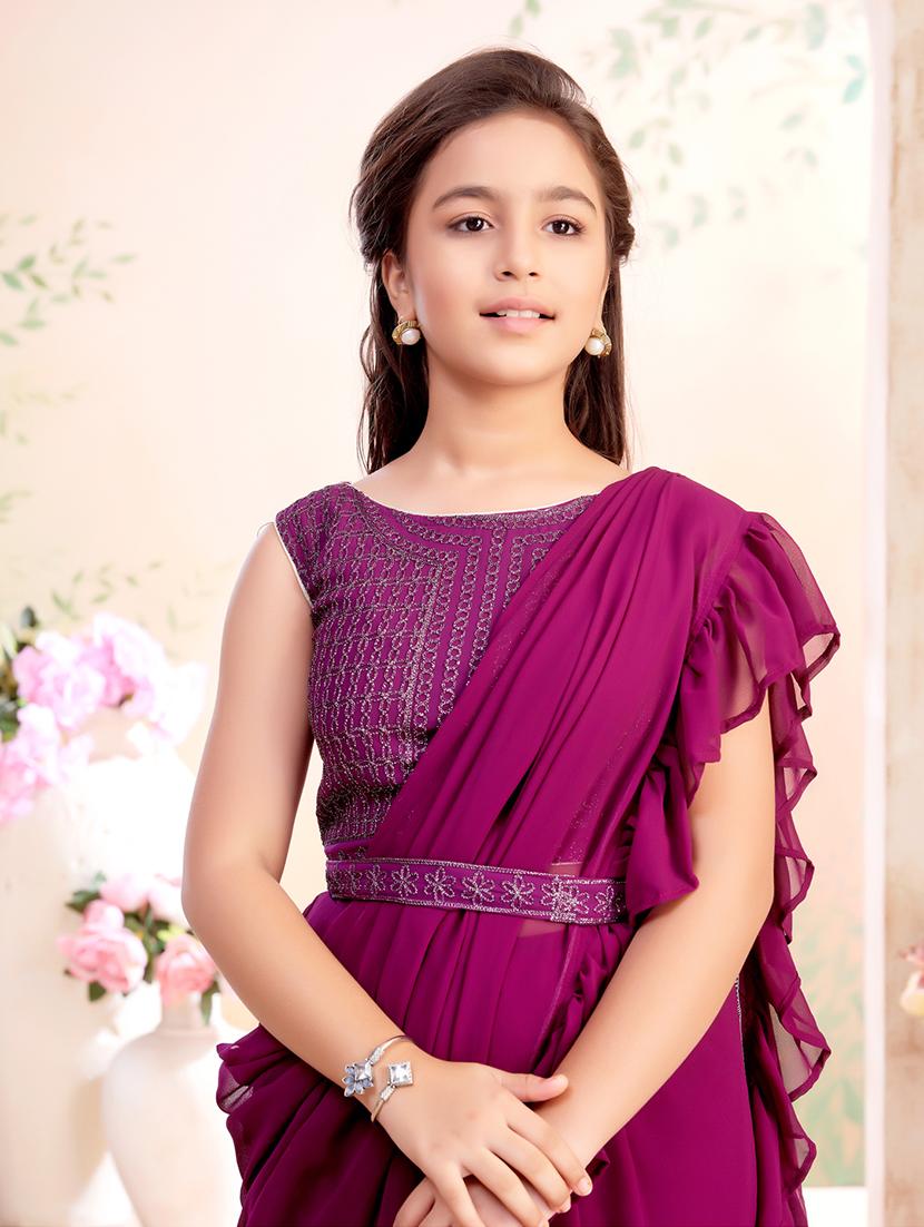 girls solid ruffled ready to wear saree - 22026411 - Standard Image - 4