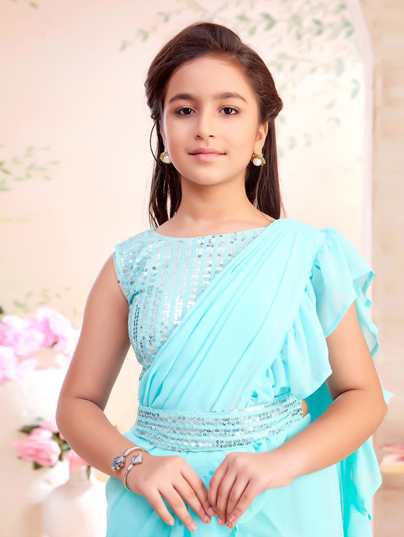 girls solid ruffled ready to wear saree - 22026412 -  Standard Image - 1