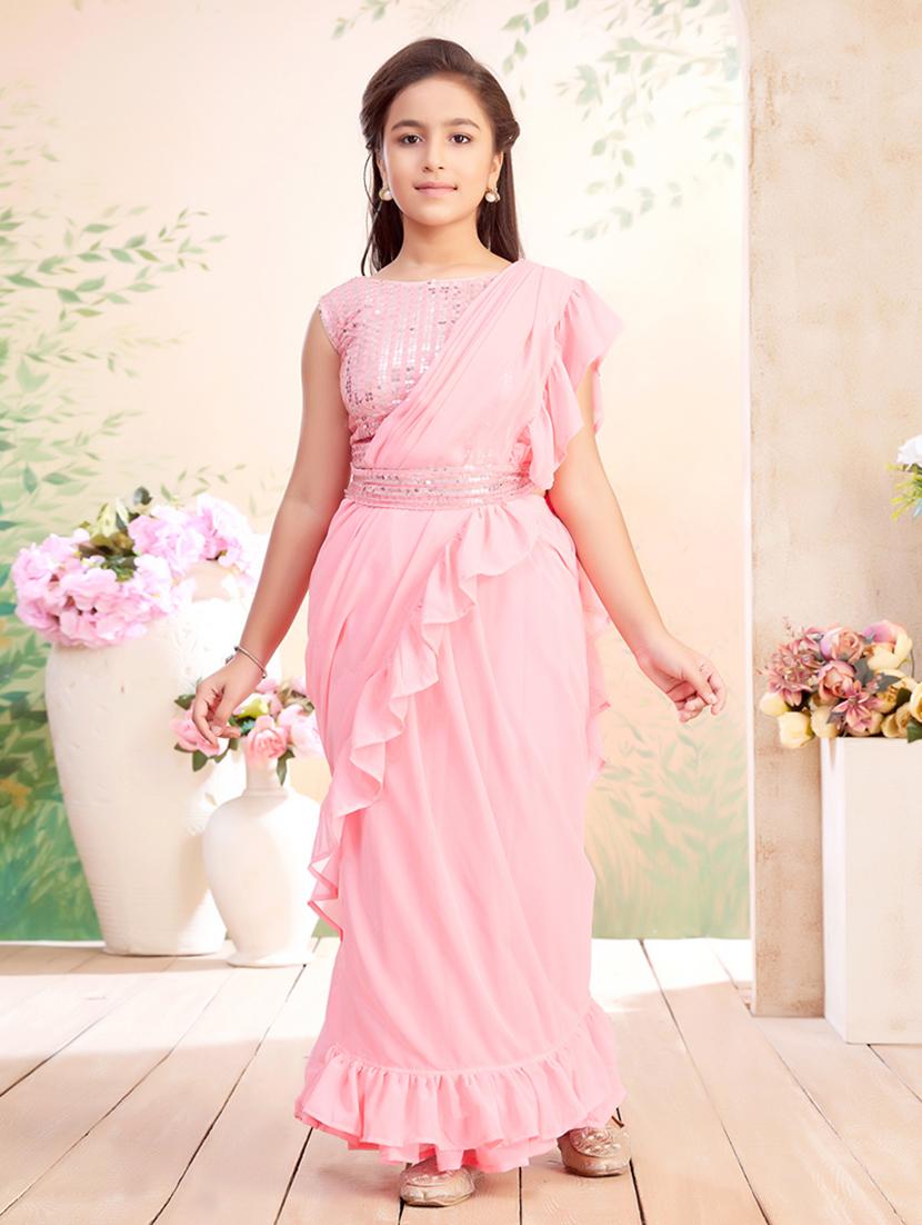 girls solid ruffled ready to wear saree - 22026413 - Zoom Image - 0