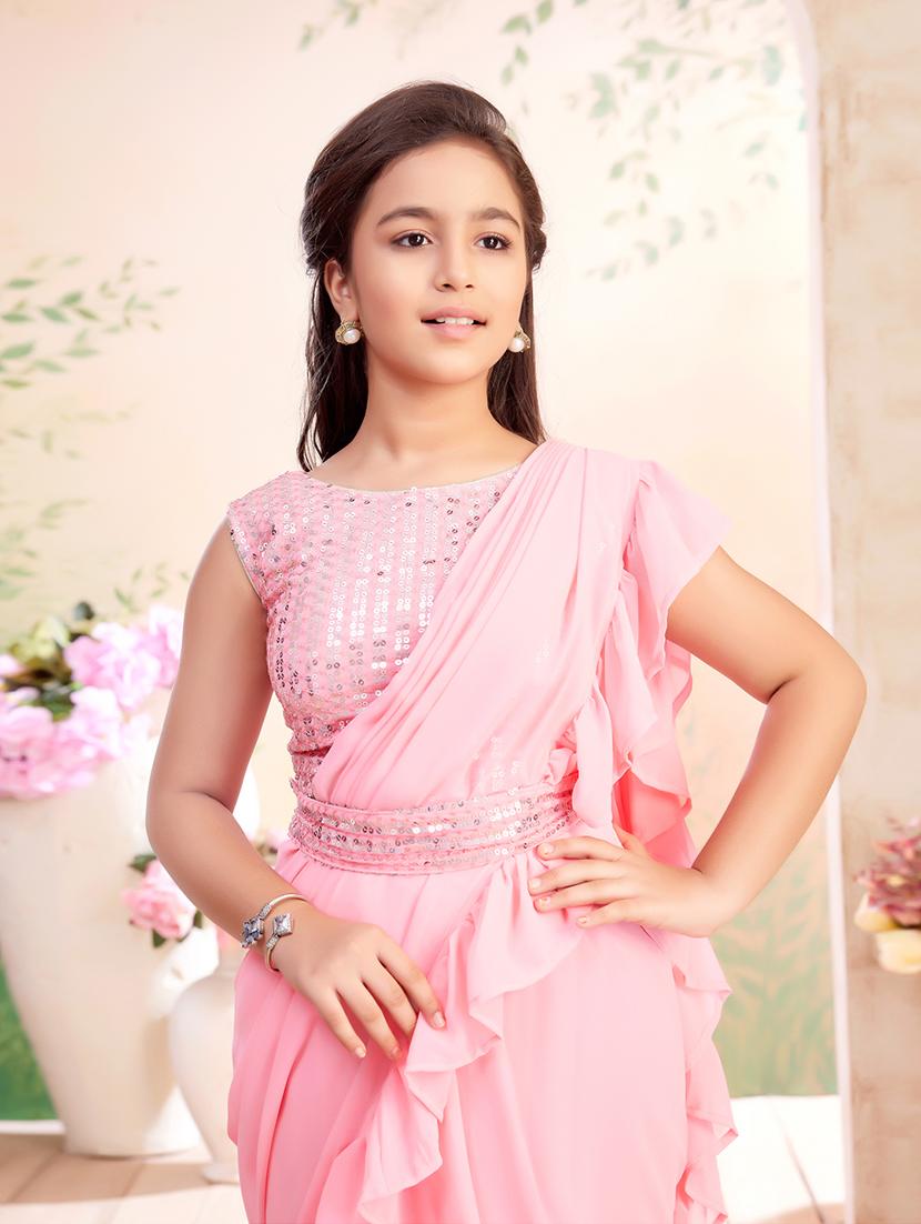 girls solid ruffled ready to wear saree - 22026413 -  Standard Image - 1