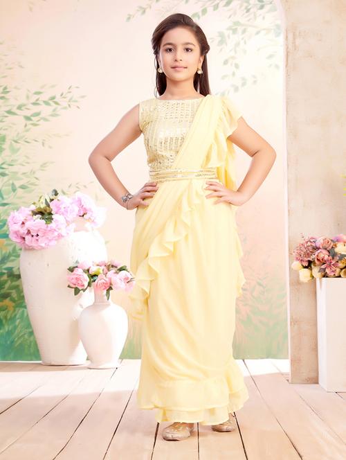 girls solid ruffled ready to wear saree - 22026414 - Standard Image - 0