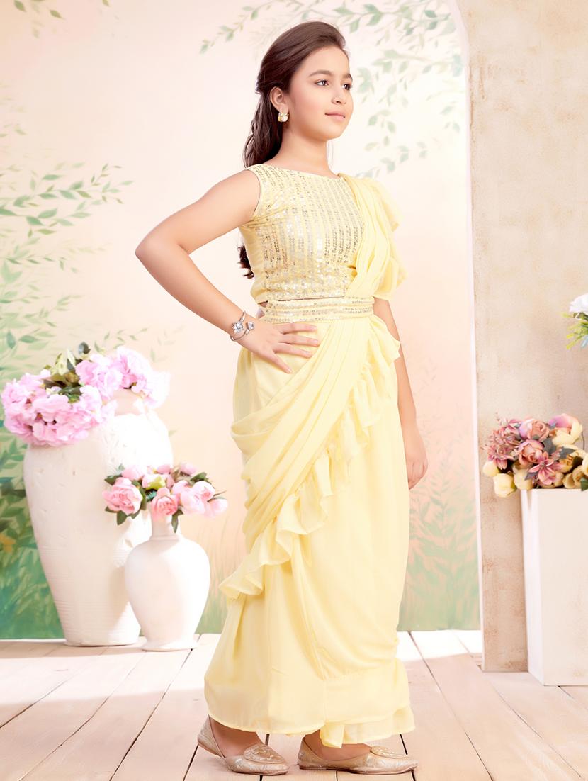 girls solid ruffled ready to wear saree - 22026414 - Standard Image - 1