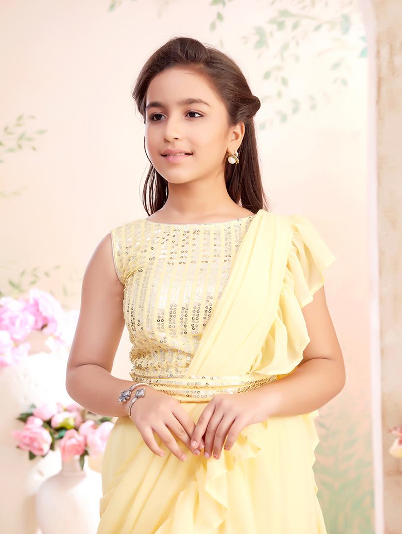 girls solid ruffled ready to wear saree - 22026414 - Standard Image - 4