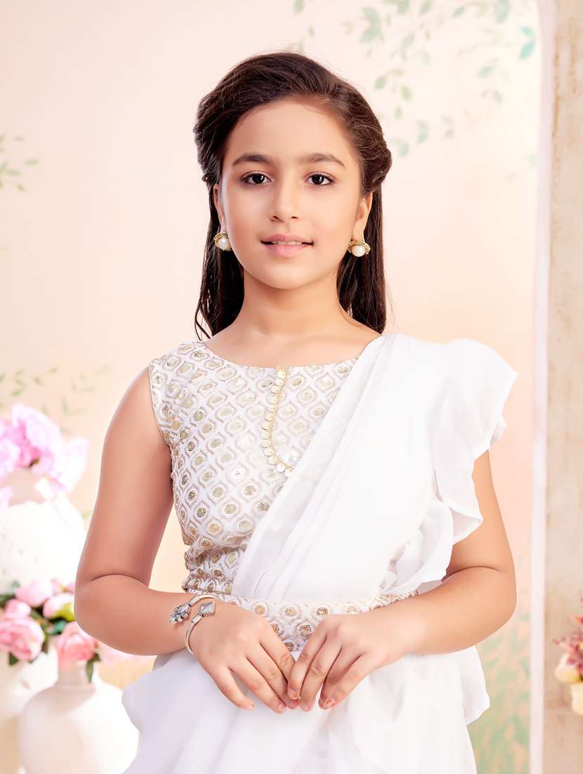 girls solid ruffled ready to wear fusion drape - 22026415 - Standard Image - 1