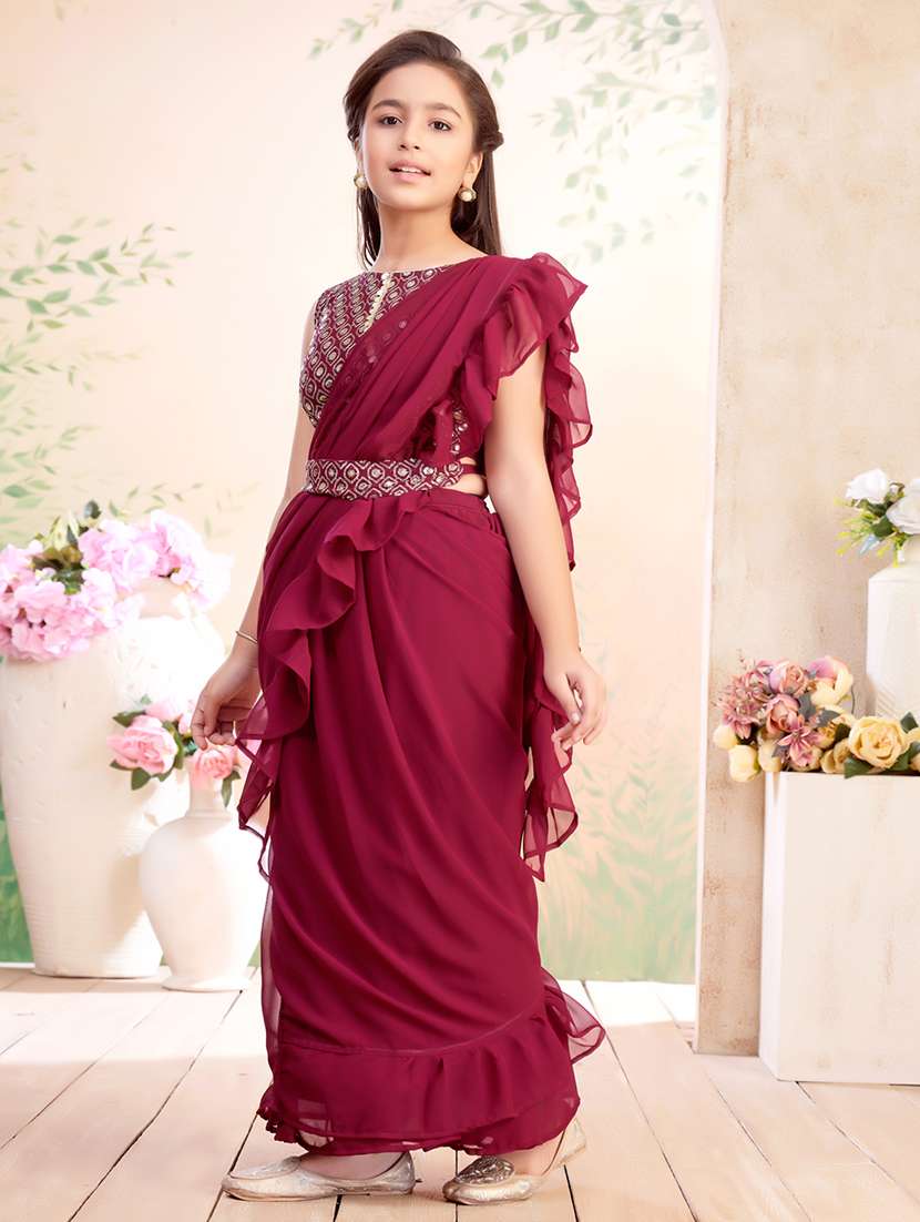 girls solid ruffled ready to wear fusion drape - 22026416 - Standard Image - 1