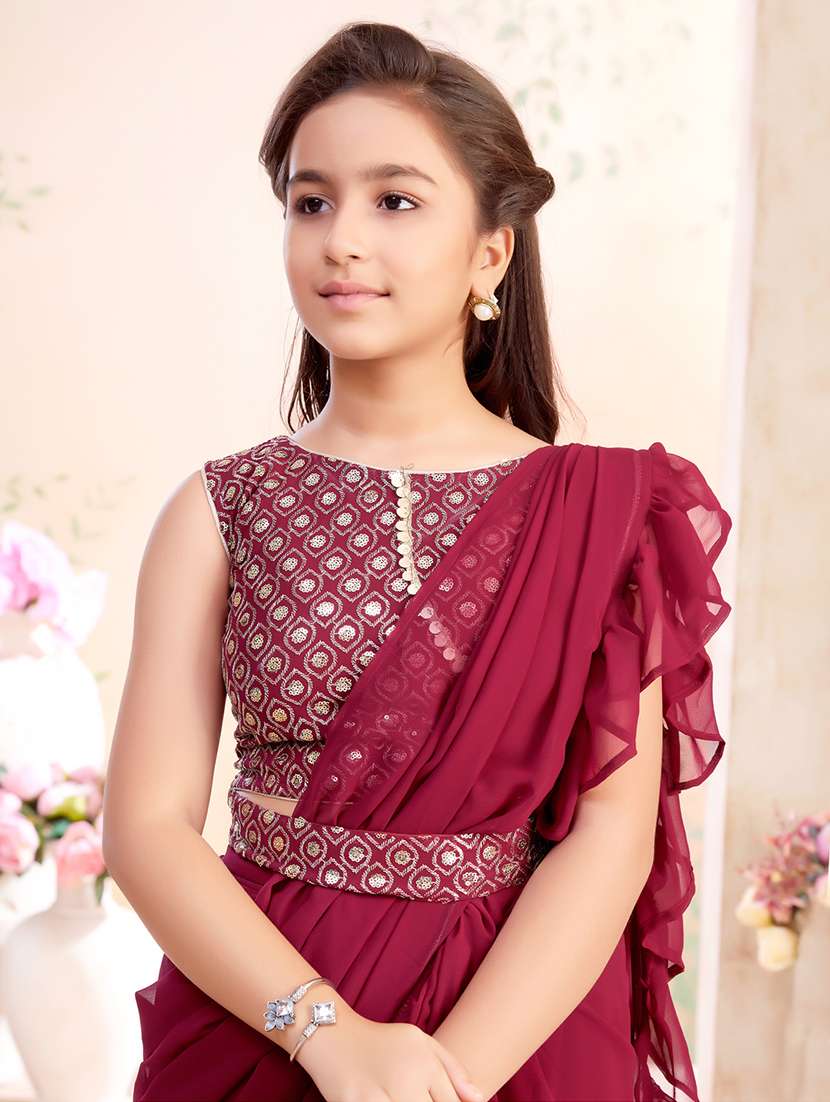 girls solid ruffled ready to wear fusion drape - 22026416 - Standard Image - 4