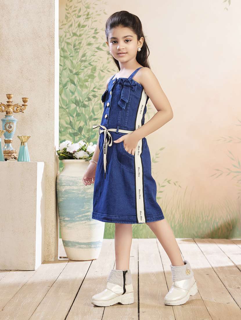 girls solid shoulder strap denim straight dress - 22026425 -  Standard Image - 1