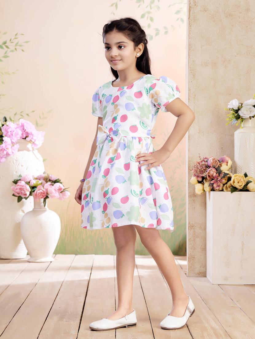girls printed puff sleeve fit & flare dress - 22026432 - Standard Image - 1