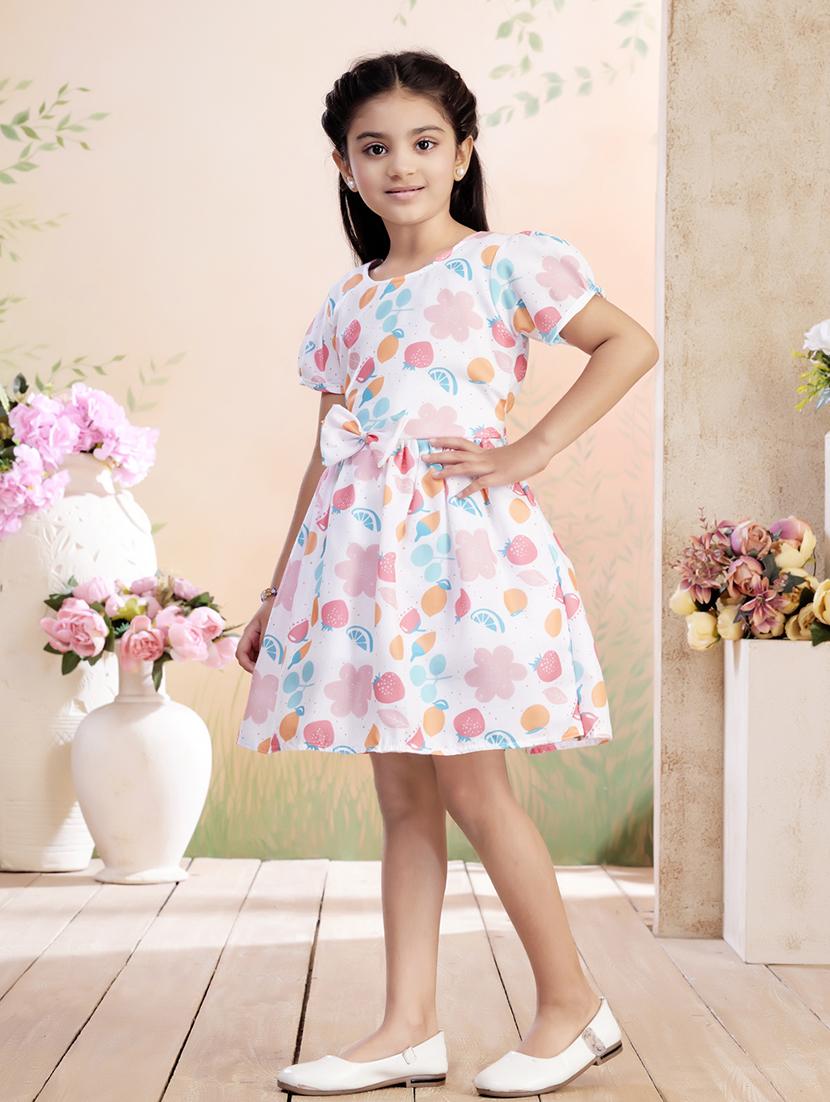girls printed puff sleeve fit & flare dress - 22026433 - Standard Image - 1