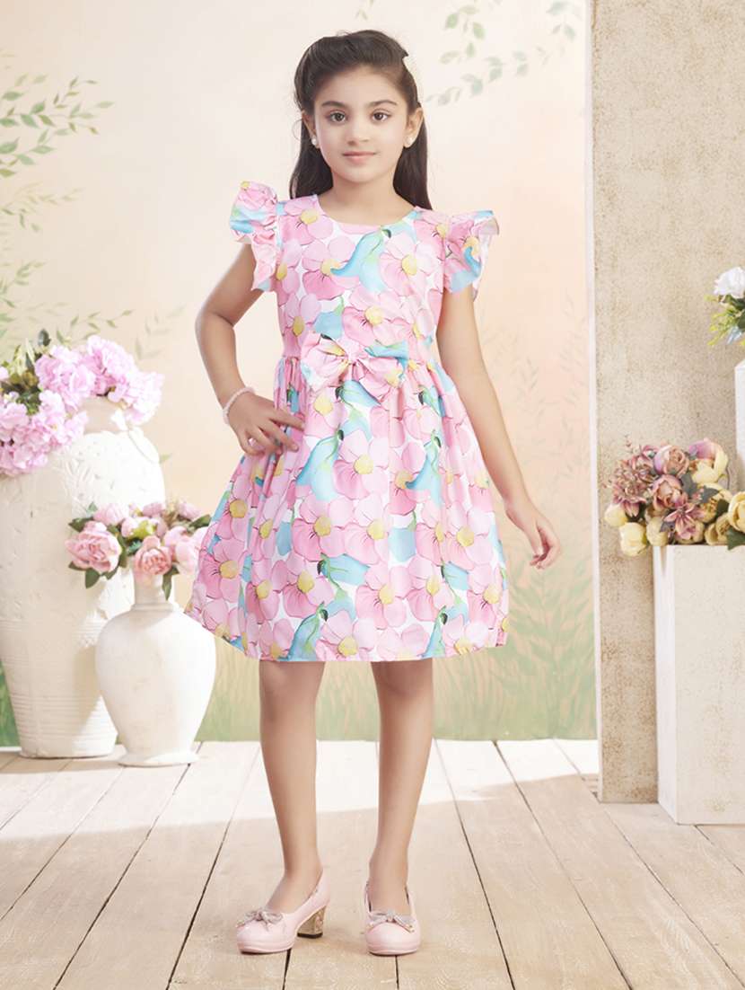 girls printed ruffle sleeve fit & flare dress
