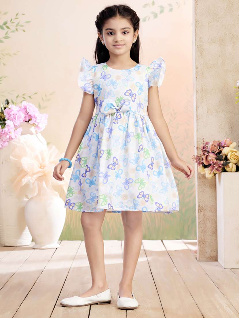 girls printed ruffled sleeve fit & flare dress