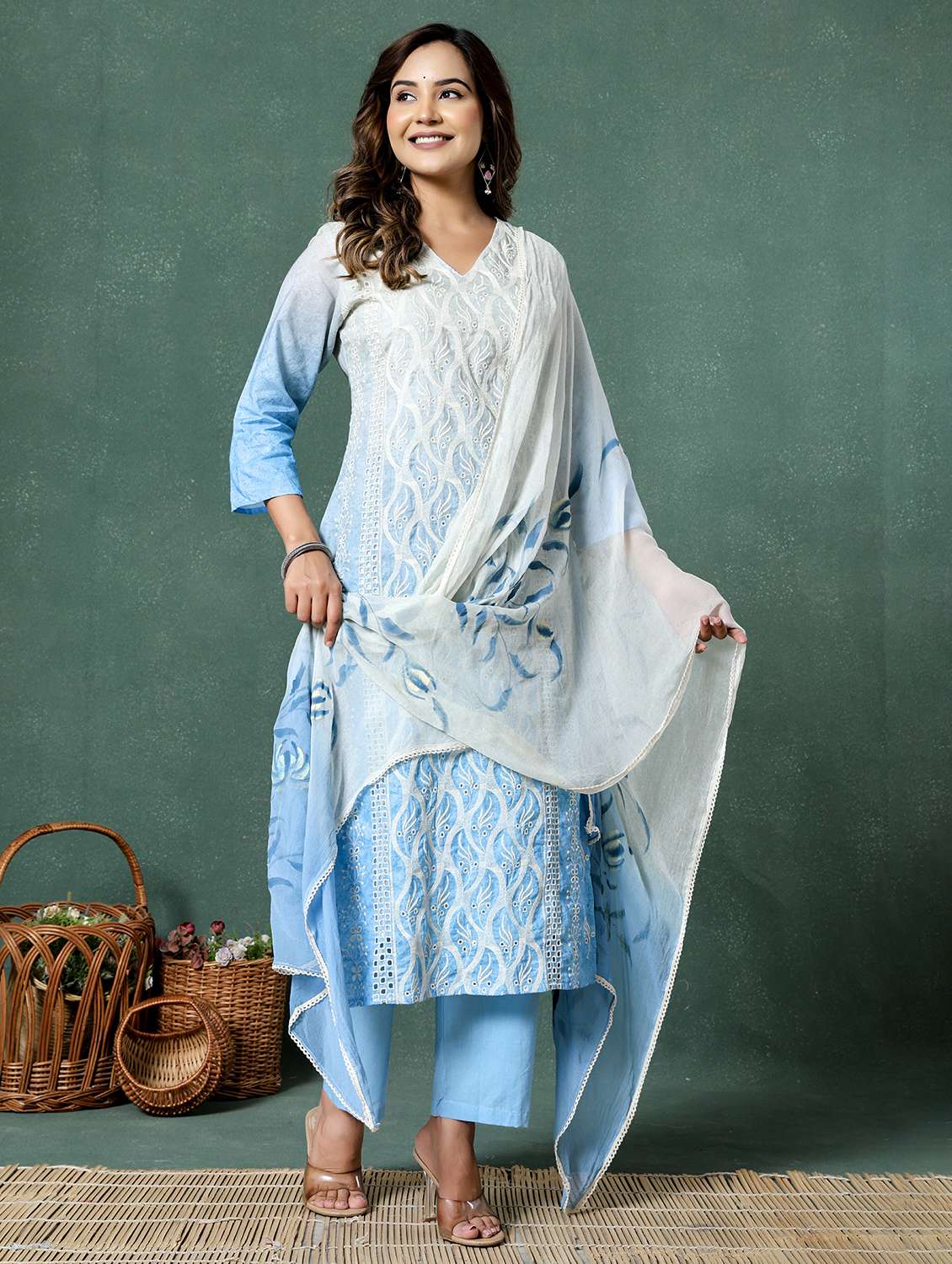 women ombre three quarter sleeve kurta pant with dupatta set - 22026543 -  Standard Image - 1