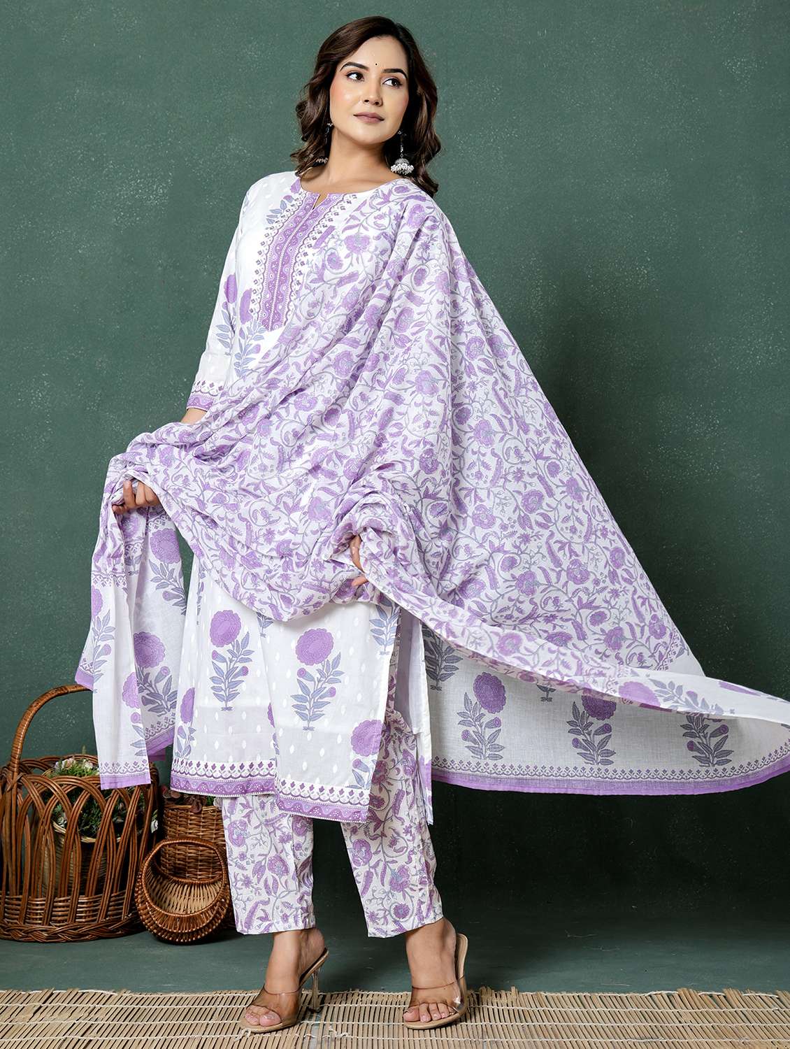 women floral printed three quarter sleeve kurta pant with dupatta set - 22026551 -  Standard Image - 1