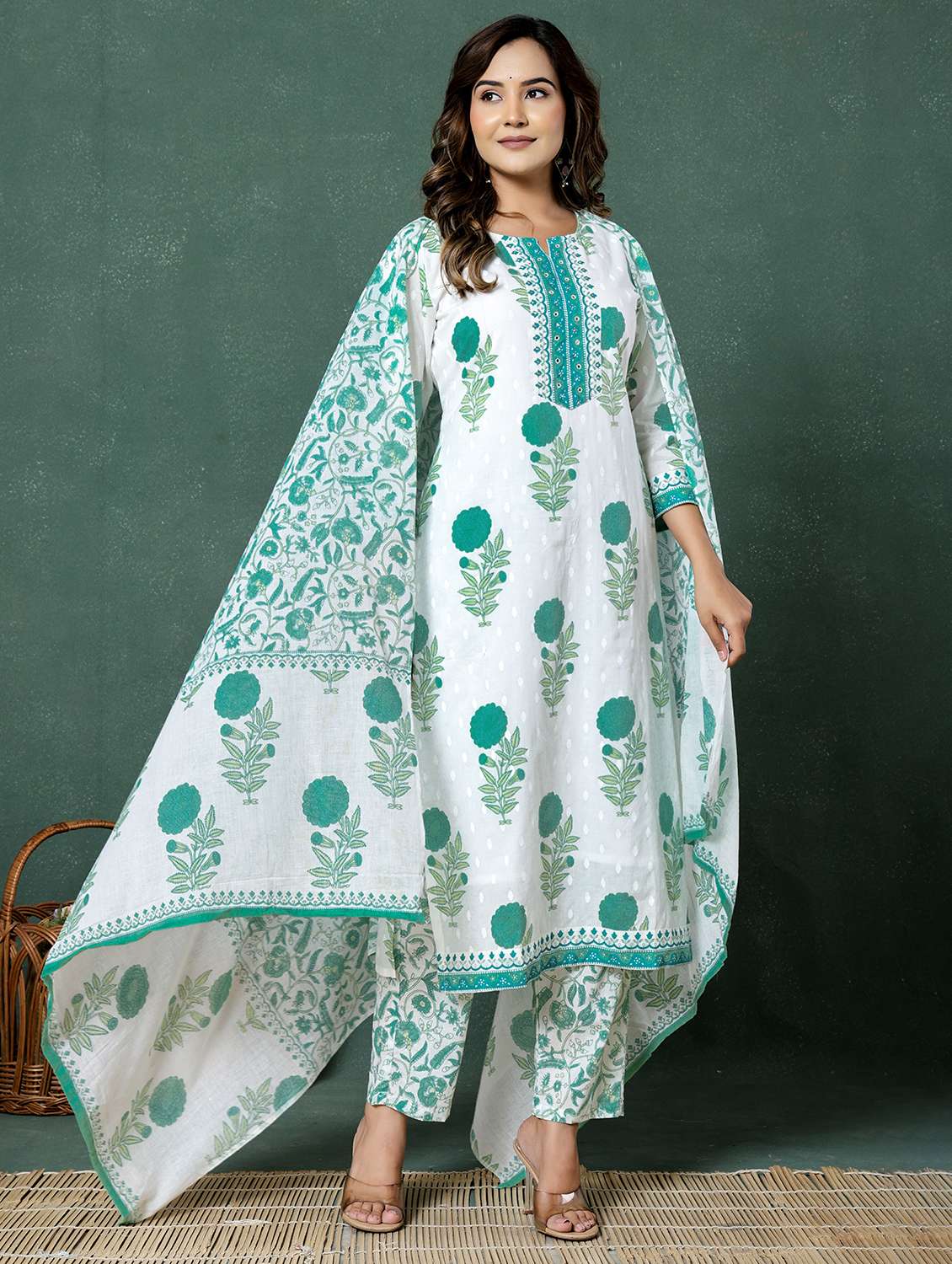 women floral printed three quarter sleeve kurta pant with dupatta set - 22026552 -  Standard Image - 1