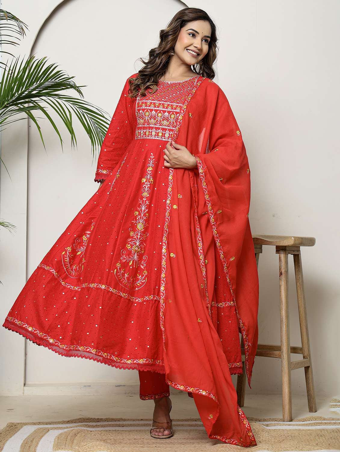 women embroidered three quarter sleeve kurta pant with dupatta set - 22026556 -  Standard Image - 1