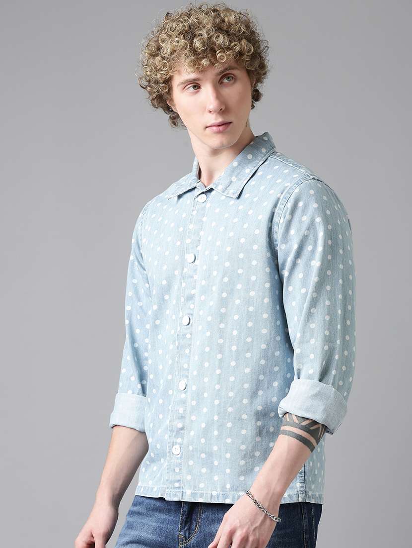 men polka dot long sleeve denim shacket - 22026598 -  Standard Image - 1