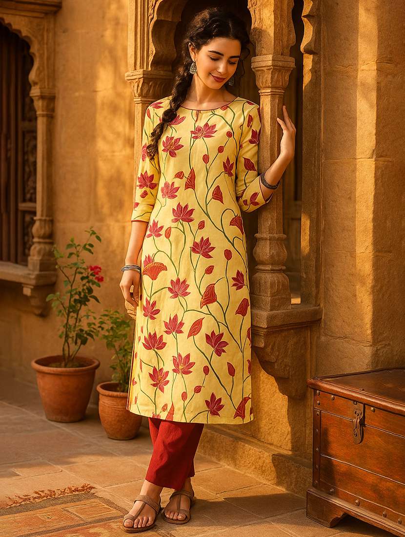 women floral print three quarter sleeve straight kurta