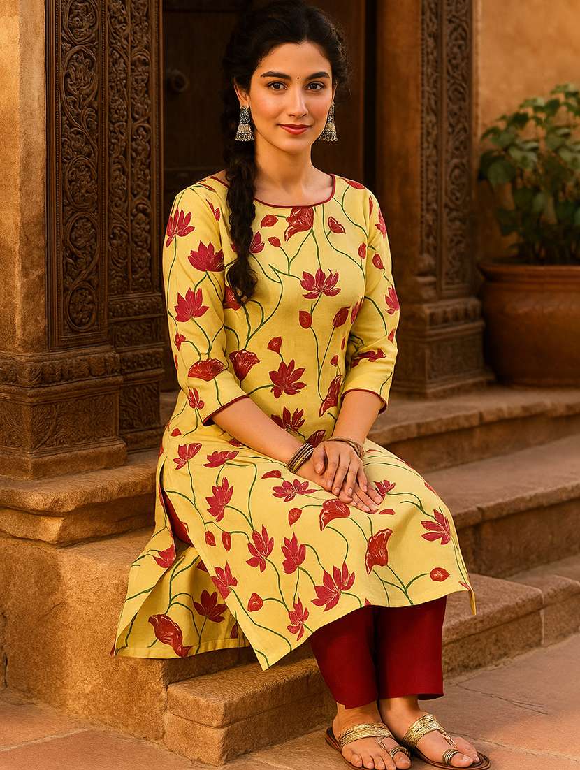 Women Floral Print Three Quarter Sleeve Straight Kurta - 22026628 -  Standard Image - 1