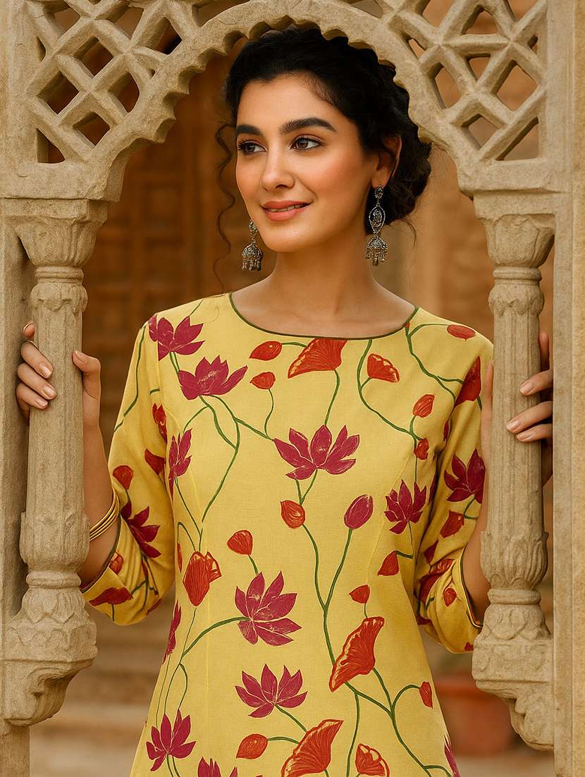 Women Floral Print Three Quarter Sleeve Straight Kurta - 22026628 -  Standard Image - 4