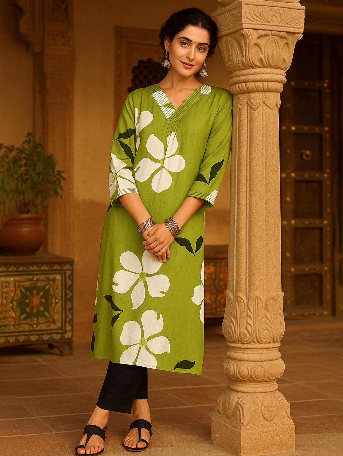 women floral print three quarter sleeve straight kurta