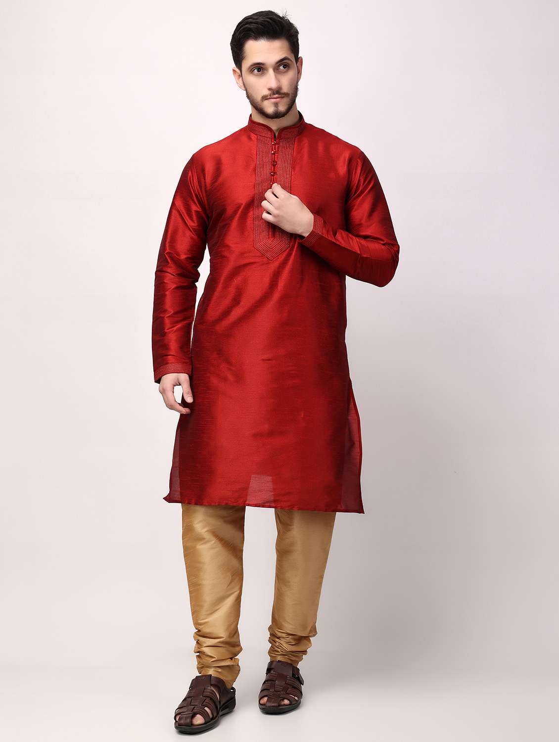 men mandarin neck kurta pyjama ethnic wear set - 22026658 - Standard Image - 1