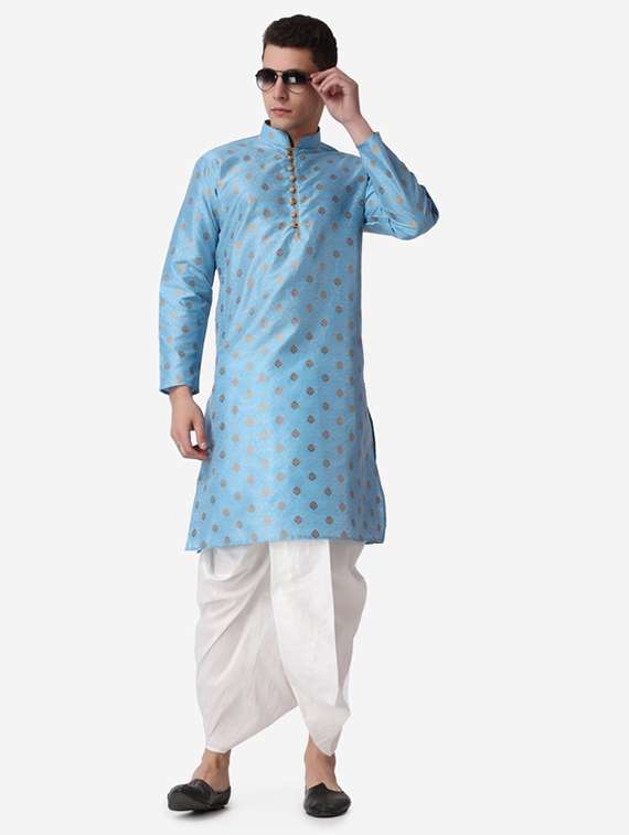 men self design mandarin neck dhoti kurta ethnic wear set