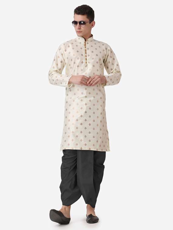men self design mandarin neck dhoti kurta ethnic wear set
