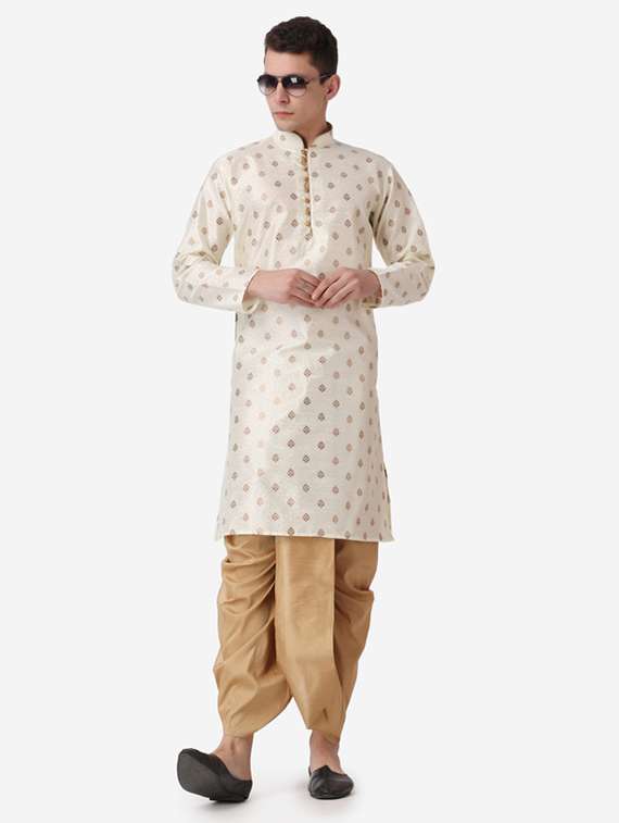 men self design mandarin neck dhoti kurta ethnic wear set