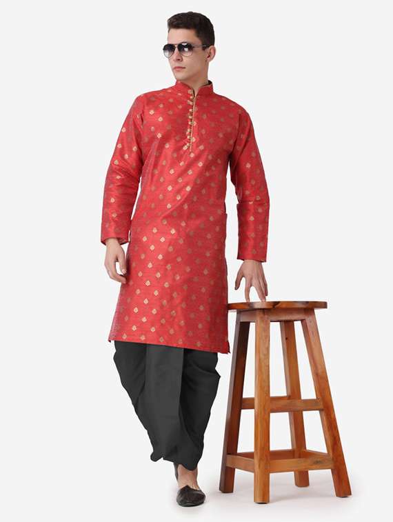 men self design mandarin neck dhoti kurta ethnic wear set