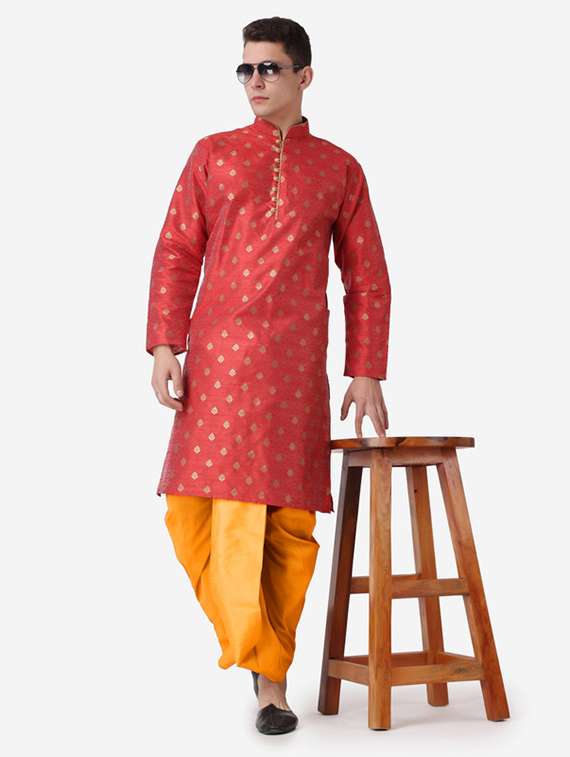 men self design mandarin neck dhoti kurta ethnic wear set