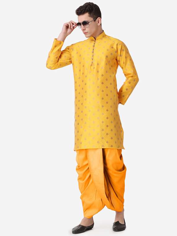 men self design mandarin neck dhoti kurta ethnic wear set