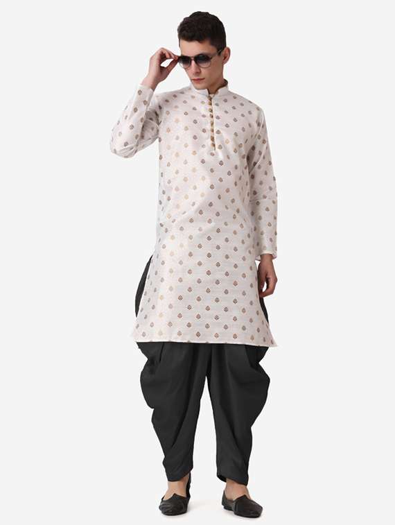 men self design mandarin neck dhoti kurta ethnic wear set