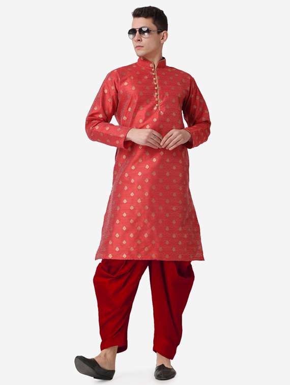 men self design mandarin neck dhoti kurta ethnic wear set