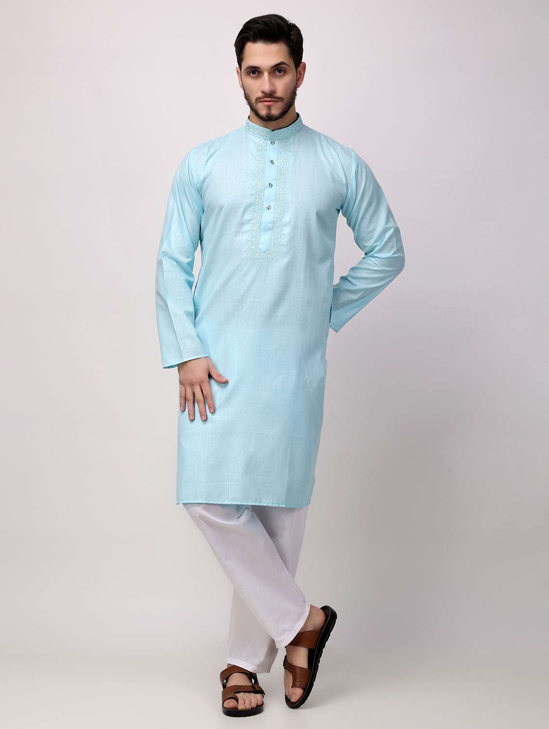 men solid mandarin neck kurta pyjama ethnic wear set - 22026705 - Standard Image - 4