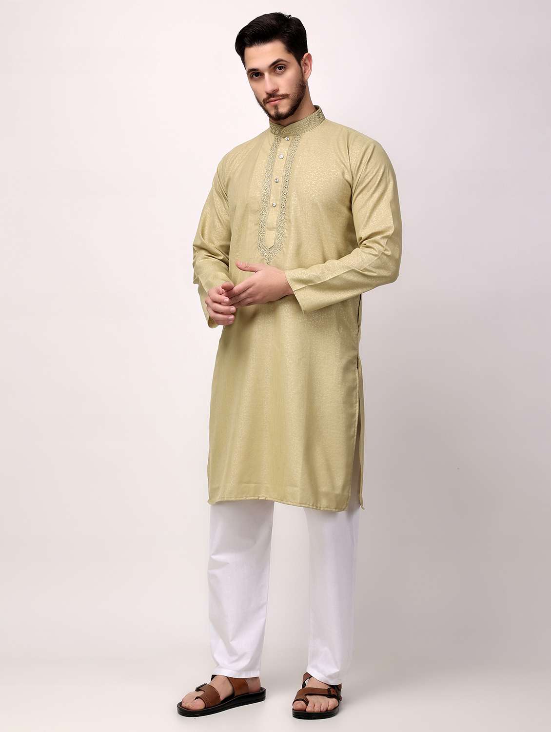 men solid mandarin neck kurta pyjama ethnic wear set - 22026709 - Standard Image - 1