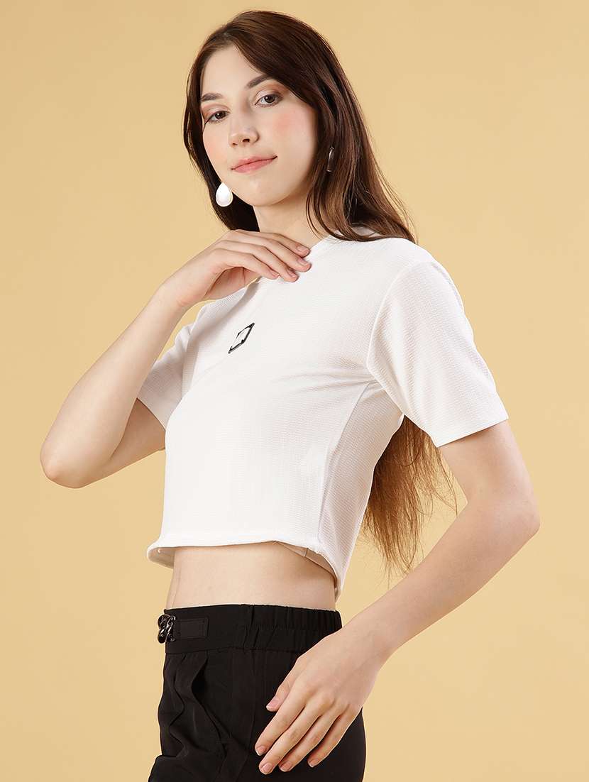 women solid short sleeve regular fit crop t-shirt - 22027030 -  Standard Image - 1