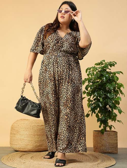 women plus size animal print puff sleeve jumpsuit