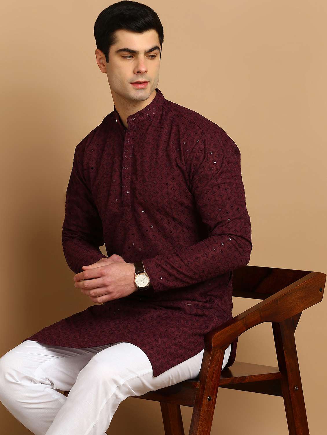 men solid with work mandarin neck long kurta - 22027132 -  Standard Image - 1