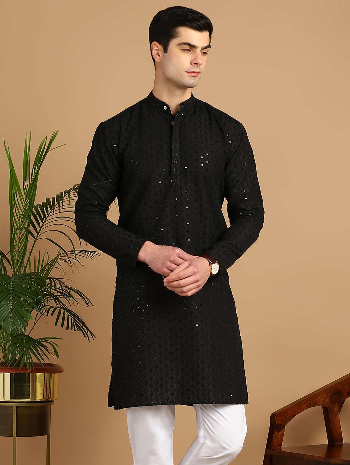 men solid with work mandarin neck long kurta